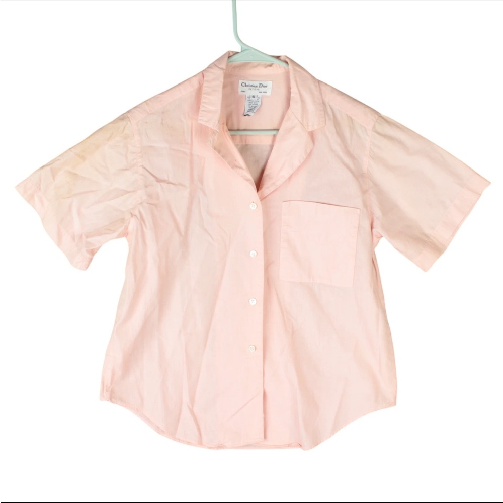 Vintage Christian Dior Petites Button Up Shirt Womens Size 6 Pink Front Pocket